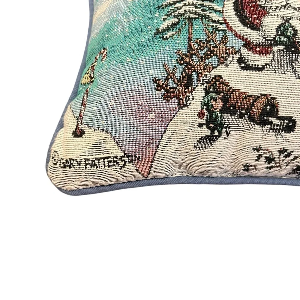 Needlepoint Christmas Santa blue holiday decorative pillow Gary Patterson